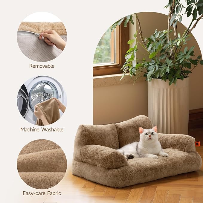 MEWOOFUN Dog Couch, Supportive Small Dog Bed for Puppy and Cats with Removable Washable Cover, Fluffy Cat Couch with Non-Slip Bottom (Camel, 26.0" L X 19.0" W X 13.0" Th)