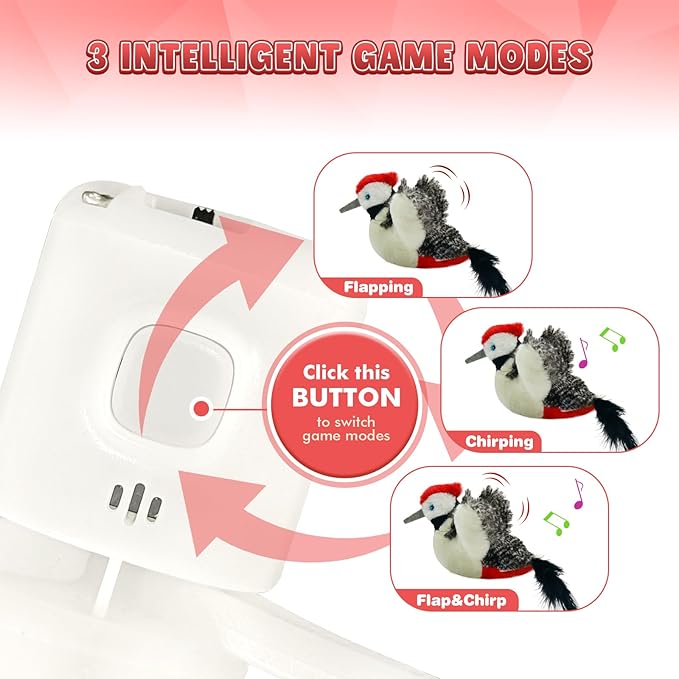 Cat Toys, Flapping Wings Woodpecker, No Flying, Chirping Bird Interactive Catnip Toy for Kitten or Small Dogs, Touch Activated, Rechargeable, 3 Modes