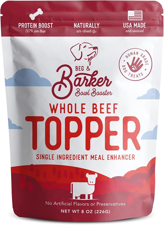 Beg & Barker Beef Dog Food Toppers (8 Ounce, Pack of 1) – 100% Made in USA Single Ingredient Meal Topper for Picky Eaters – Meal Enhancer with Whole Beef Heart – Meal Mixers for Dogs, Human Grade