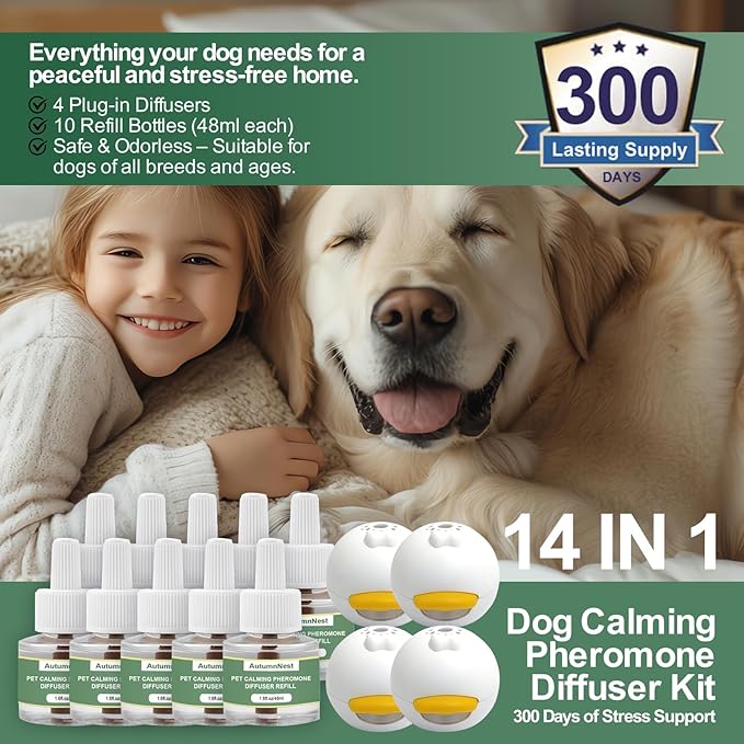 14 IN 1 Dog Calming Diffuser Kit with Night Light | 4 Plug-in Diffusers + 10 Refills (48ml Each) | New Formula Pheromone for Dogs | Anxiety Relief, Stop Barking, Reduce Stress | 300 Days Supply