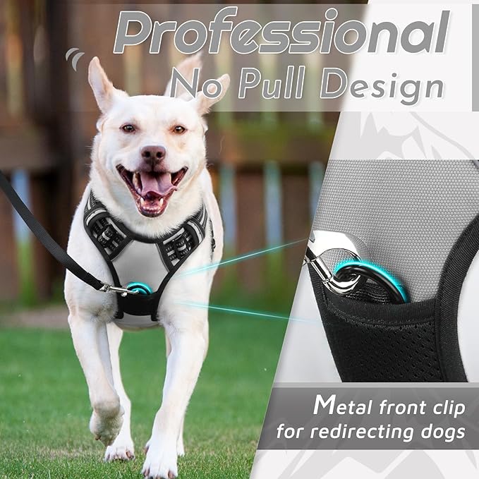 Eagloo Dog Harness Medium Sized Dog, No Pull Service Vest with Reflective Strips and Control Handle, Adjustable and Comfortable for Walking, No Choke Pet Harness with 2 Metal Rings, Grey, M