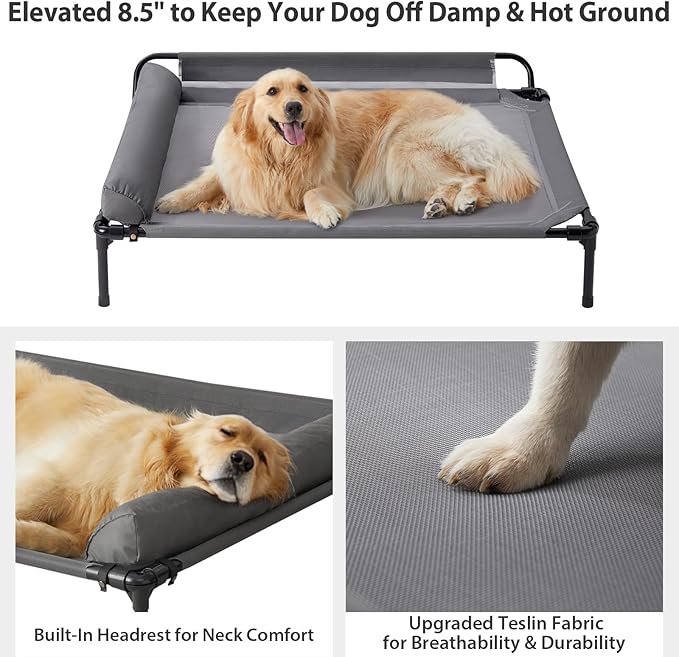 Cooling Elevated Dog Beds, Outdoor Raised Dog Bed for Large Pet, Elevated Outdoor Pet Cot, Durable Breathable Teslin Mesh with Slope Headrest, Chew Proof Portable Pet Bed for Indoor and Outdoor Use