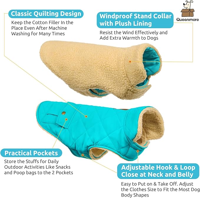 Queenmore Warm Dog Coat, Cold Weather Puffer Dog Coat Vest, Quilting Winter Pet Jacket Ultra Thick Plush Fleece Lining Pet Clothes for Dogs with Storage Pockets (Light Blue,Large)