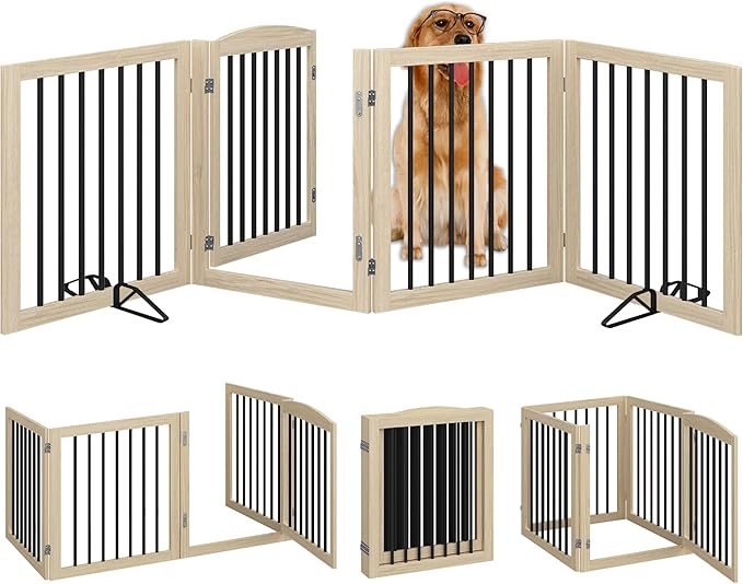 Vantas Folding Pet Gate 96" Wide, 30" Tall No-Assembly Wooden Dog Gate with Door Walk Through, Freestanding Pet Gate, Puppy Safety Fence, with 2PCS Support - Natural White