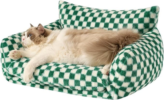 Hollypet Cat Bed Fluffy Plush Mutifuctional Double-Layer Soft Pet Couch Orthopedic Sofa Nest Beds for Small Cats and Dogs, Forest Green and White (25x20x13 inch)