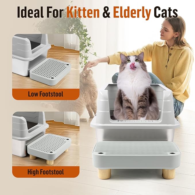 Cat Litter Box Step Ramp, Cat Litter Catcher Mat with Wooden Feet, Filter Function, Pedal Stool for Self-Cleaning Litter Box, Ideal for Kitten & Elderly Cats(Light Grey)