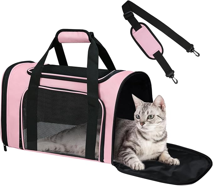 Airline Approved Pet Carrier 17"x11"x11" – Soft Sided Cat Dog Travel Bag for Small Pets up to 15 lbs, Portable Collapsible Pet Carrier Under Seat with Mesh Ventilation & Shoulder Strap(Pink)