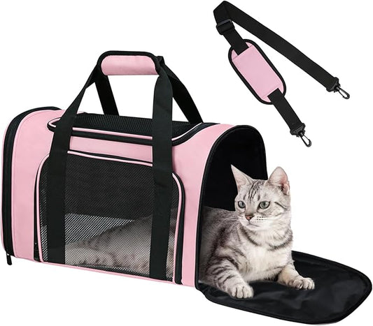 Airline Approved Pet Carrier 17"x11"x11" – Soft Sided Cat Dog Travel Bag for Small Pets up to 15 lbs, Portable Collapsible Pet Carrier Under Seat with Mesh Ventilation & Shoulder Strap(Pink)