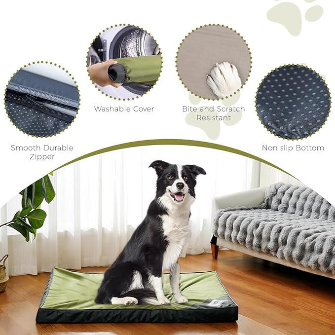 Orthopedic Outdoor Waterproof Dog Beds for Medium Dogs, Washable Crate Bed with Egg Crate Foam Pet Bed Mat and Removable Oxford Fabric Cooling Cover Bed,36"x 26", Dark Green