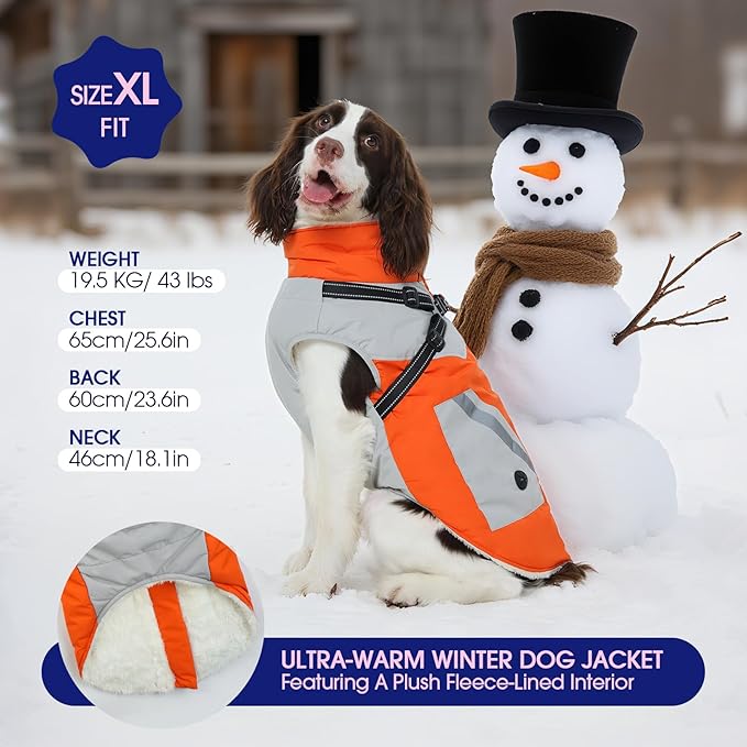 FUAMEY Dog Winter Jackets for Medium Dogs,Dog Coat with Harness Built in,Waterproof Dogs Snowsuits Warm Pet Jacket Zip Up Fleece Cold Weather Coats Reflective Puppy Vest with Pocket Orange M