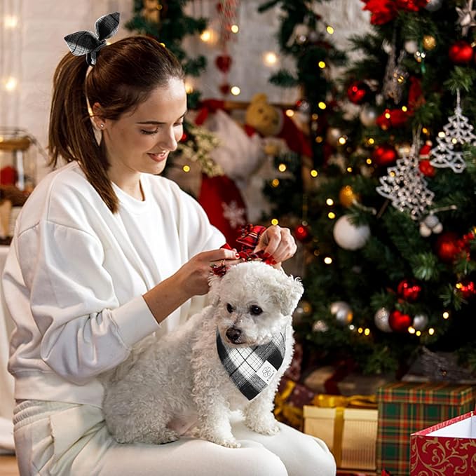 E-Clover Christmas Plaid Dog Scarf & Matching Scrunchie Set - Triangle Pet Bandana Bibs for Small Dog Puppy Owner Birthday Gifts - Black & White