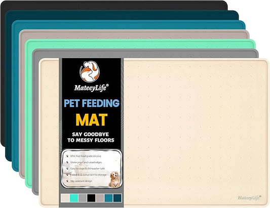 MateeyLife Dog & Cat Food Mat, Waterproof & Nonslip Silicone Feeding Mats for Dogs and Cats, Raised Edge Tray for Messy Drinkers, 18"x12", Beige