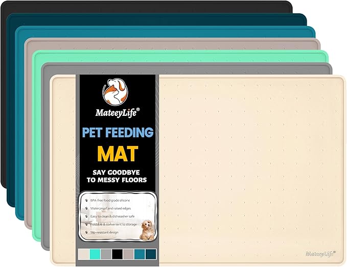 MateeyLife Dog & Cat Food Mat, Waterproof & Nonslip Silicone Feeding Mats for Dogs and Cats, Raised Edge Tray for Messy Drinkers, 22"x14", Beige