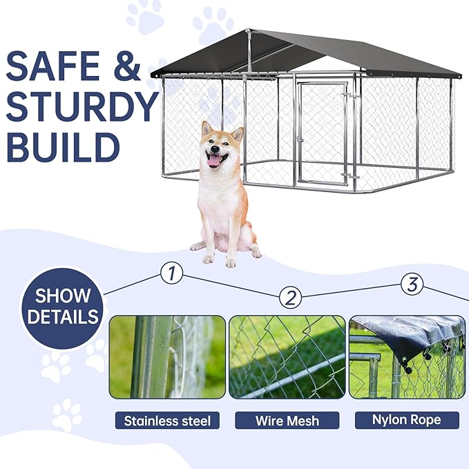 Outdoor Dog Enclosure Heavy Duty Dog Kennel House Mesh Dog Big Cage Pet Kennel Steel Fence with Secure Lock(118”x 118”)