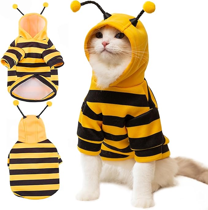 DENTRUN Sphynx Hairless Cats Costume Funny Bee Warm Winter Sweater Cute Pullover Kitten Shirts Breathable Cat Leisure Wear Turtleneck Vest Adorable Cat's Clothes Jacket Pajamas Jumpsuit, XL