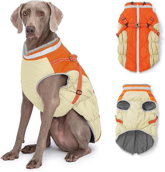 Dog Winter Coat with Harness, Dog Jacket, Pet Clothes with Zipper on Back, Waterproof Windproof Warm Vest, Reflective Cold Weather Coats, for Small Medium Large Dogs, Thick, Orange, 3XL