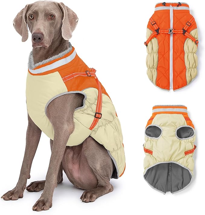 Dog Winter Coat with Harness, Dog Jacket, Pet Clothes with Zipper on Back, Waterproof Windproof Warm Vest, Reflective Cold Weather Coats, for Small Medium Large Dogs, Thick, Orange, XL