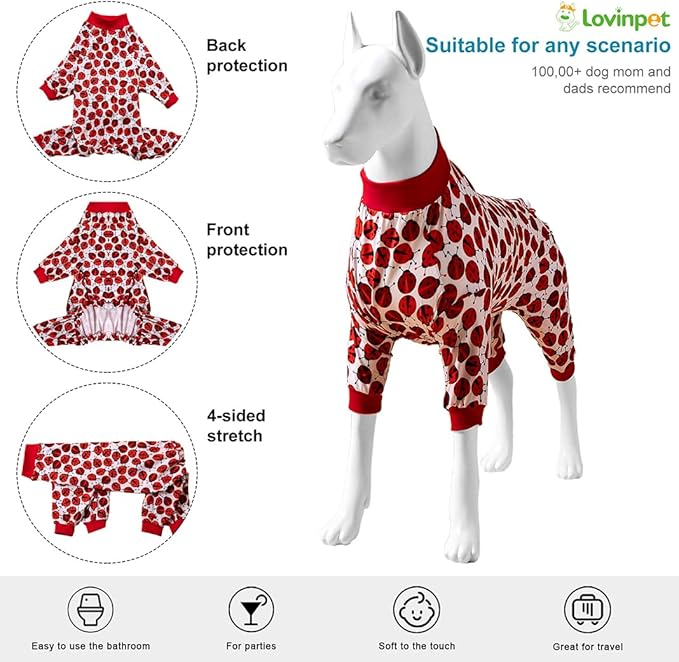 LovinPet Large Dogs Pajamas Clothes, Pitbull Onesie, Slim Fit, Lightweight Pullover Pajamas, Pitbull Clothes, Full Coverage Dog Pjs, Red Ladybug Prints, Full Coverage Large Breed Dog Pjs, XL
