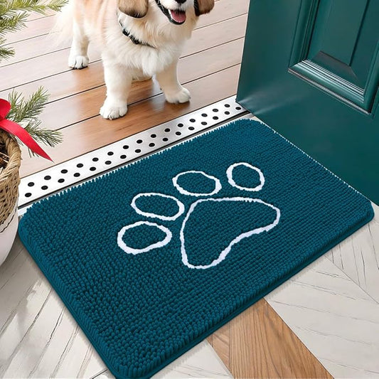 OLANLY Dog Door Mat for Muddy Paws 24x16, Paw Print Design, Absorbs Moisture and Dirt, Absorbent Non-Slip Washable Doormat, Quick Dry Chenille Mud Mat, Entry Indoor Entryway Carpet, Atlantic Blue