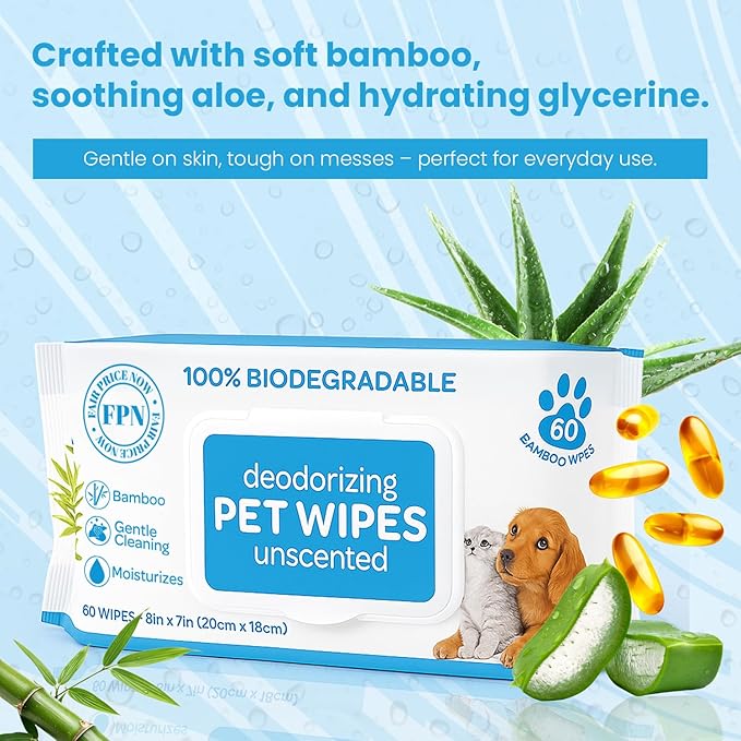 FPN Pet Cleaning Wipe 24 Bags of 60 Wipes – Unscented Bamboo Grooming Wipes for Dogs & Cats – No Alcohol or No Harsh Chemicals – Soft – 7x8 in (24 CT - 1440 Wipes)