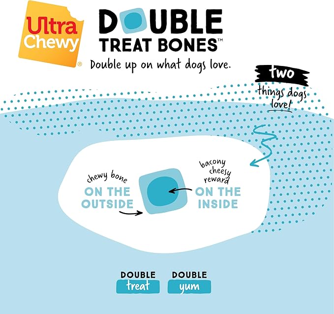 Ultra Chewy Bacon and Cheese Double Treat Bones: Long-Lasting Dog Treats Made in USA for Large and Small Breeds, Highly Digestible, Ideal for Aggressive Chewers (12 Count)