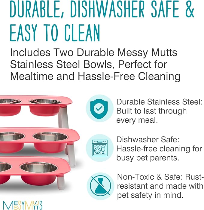 Messy Mutts Elevated Double Feeder with Stainless Bowls | Adjustable Height 3”, 5”, or 10” | Adjustable Standing Feeder for Dogs | 5 Cups per Bowl | Watermelon