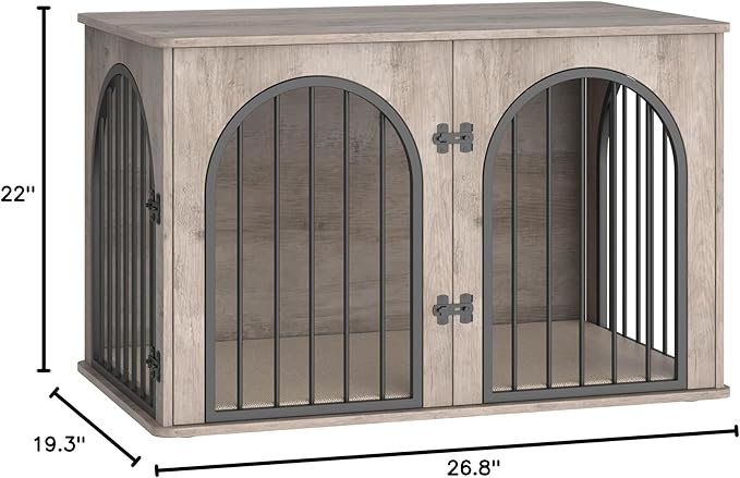 26.8'' Wooden Dog Crate Furniture, Indoor Dog Kennel Dogs Cage for Small Dogs, Heavy Duty Dog Crates Decorative Pet House End Side Table TV Stand, Greige DFC85505B
