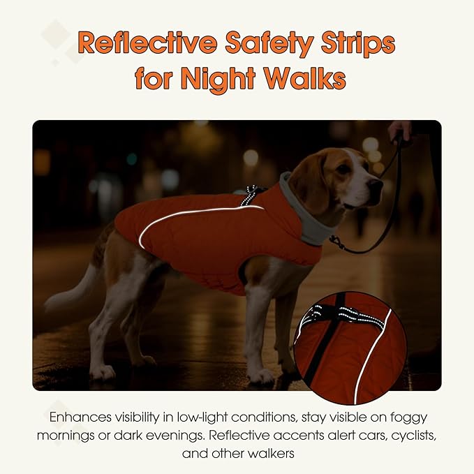 QBLEEV Small Dog Coat, Dog Jackets for Small Dogs, Winter Warm Waterproof Cold Weather Vest with Harness Built in, Windproof Puppy Reflective Fleece Dogs Snowsuit, Adjustable Neck, Blaze Orange, S