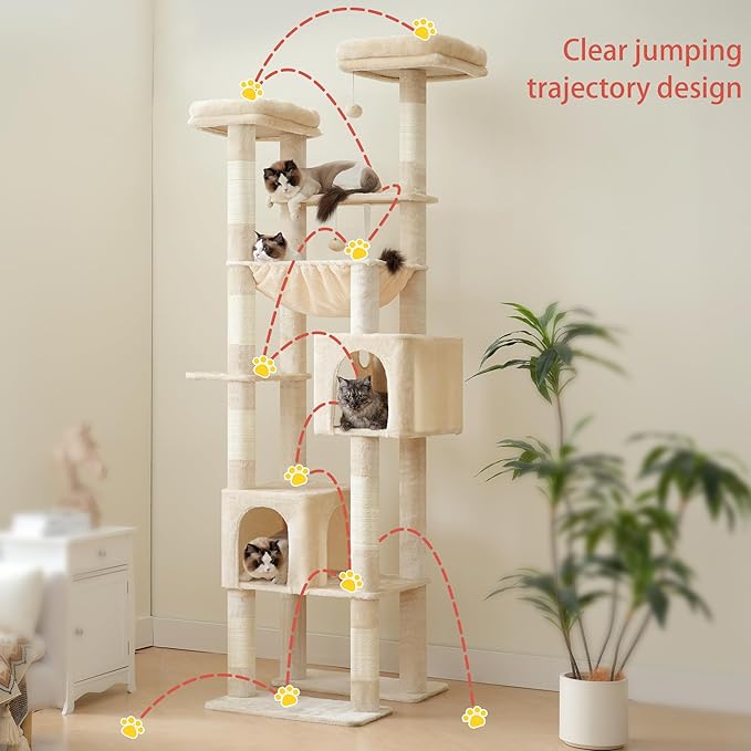 Hey-brother Tall Cat Tree Tower, Heavy Duty Scratching Posts with Large Platforms, Cozy Condos, Big Hammock, Toy Balls, Multi-Level Furniture for Indoor Adult Cats, 80.7 Inches, Beige MPJ039M