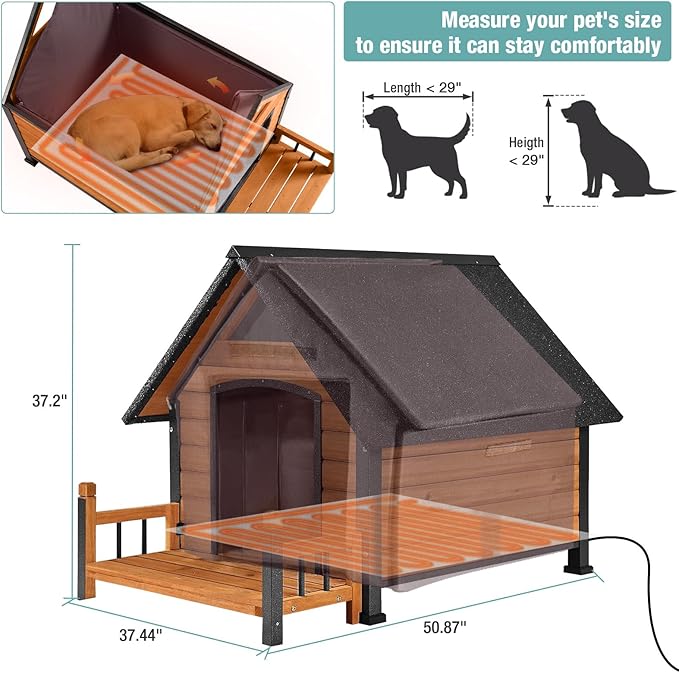Insulated Dog House with Heating Pad, Weatherproof Outdoor Kennel for Large Dogs, Chew-Resistant Iron Frame & Asphalt Roof (Wood-H, XL)