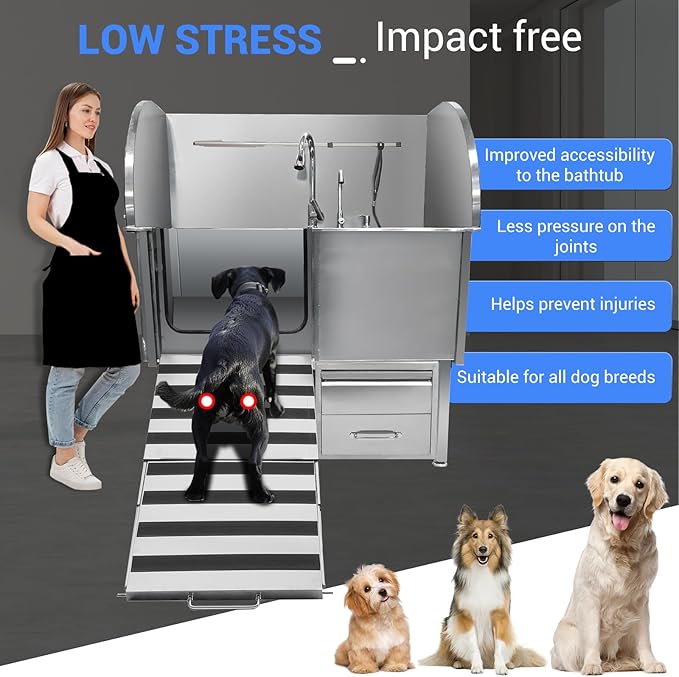 Professional Dog Grooming Tub, 38" Stainless Steel Dog Wash Station with Foldable Ramp, Storage Drawer, Floor Grate & Faucet/Dog Bathtub for Large, Medium & Small Pets - Left Door (38")
