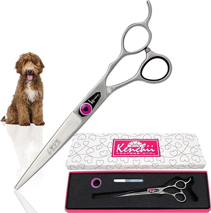 Kenchii Love Dog Grooming Scissors, 7 Inch Straight Shears, Dog Scissors for Grooming, Professional Pet Grooming Scissors, Ergonomic & Comfortable