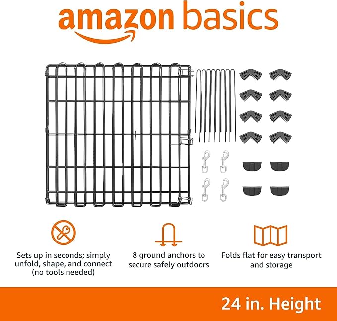 Amazon Basics Foldable Octagonal Metal Exercise Dog Playpen - Indoor/Outdoor, No Door, Extra Small (8 Panels, 24 x 24), Easy to assemble, store, and customize, 24" - Puppy, Black