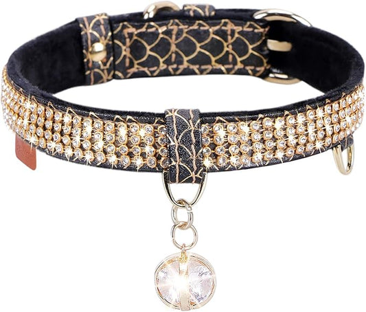 PetsHome Cat Collar, Dog Collar, [Bling Rhinestones] Premium PU Leather with Pendant Adjustable Collars for Big Cat and Small to Medium Dog Small Black