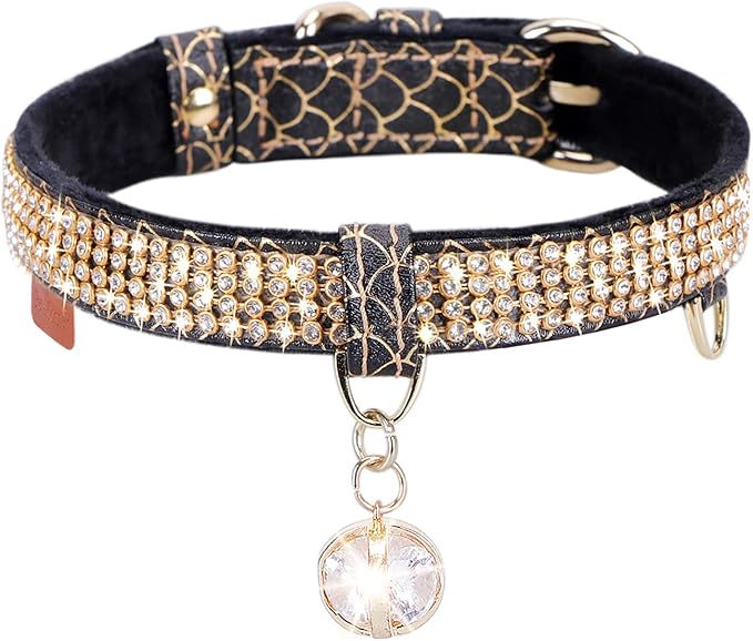 PetsHome Cat Collar, Dog Collar, [Bling Rhinestones] Premium PU Leather with Pendant Adjustable Collars for Cat and Small Dog Extra Small Black