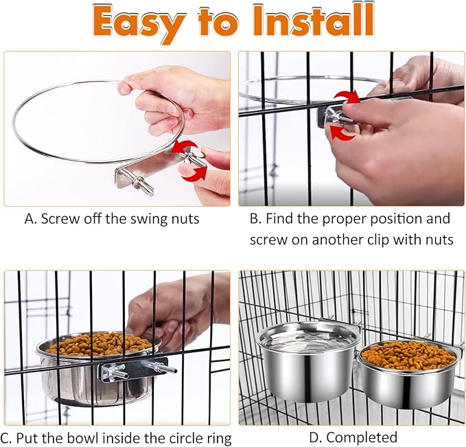 Dog Crate Water Bowl, 2 pcs Stainless Steel Large Dog Bowls 40oz & 60oz, Durable Anti-Spill Pet Metal Bowl for Cage Kennel Crate, Hanging Water/Food Bowl for Medium & Large Dogs