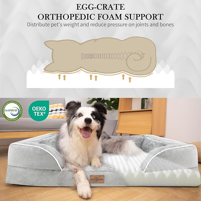 Comfort Expression Orthopedic Dog Bed for Medium Dogs 28x19 Inch, Waterproof Egg Crate Foam Medium Pet Bed with Removable Bolsters, Dog Couch with Washable Cover & Non-Slip Bottom, Gery White