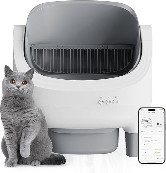 Open-Top Self-Cleaning Cat Litter Box, Automatic Litter Box for Multiple Cats with 10.5L Waste Bin, Advanced Safety Sensors, Quiet Operation, Easy to Clean (Gray)