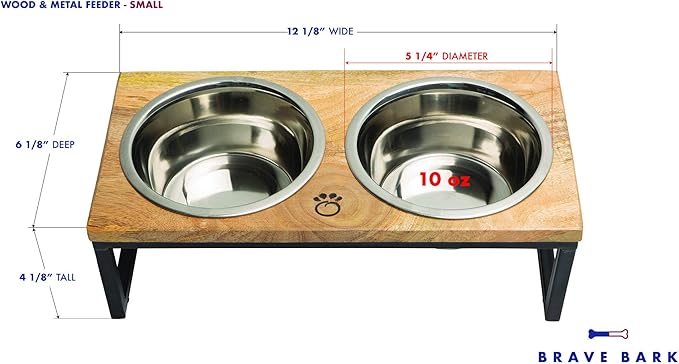 Mango Wood Dog Bowl Stand - Elevated Pet Feeder with 2 Stainless Steel Bowls - Raised Food and Water Dish Set for Dogs and Cats, Available in 4 Sizes, Pet Dining Station, Small/10oz