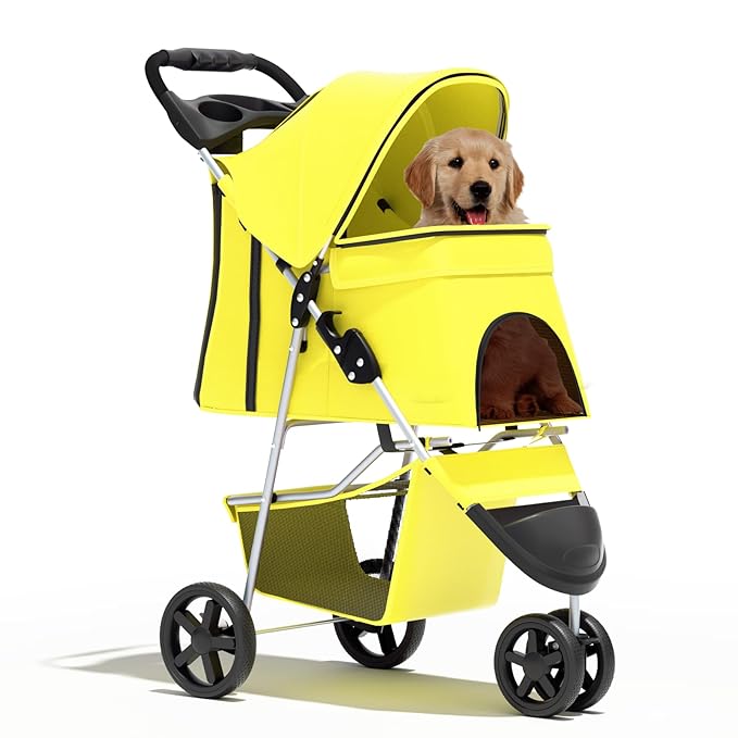 Cat & Dog Stroller, 3-Wheels Foldable Pet Stroller for Medium/Puppy Dogs & Cats, 30 Lbs, Yellow Mesh with Storage Basket & Cup Holder