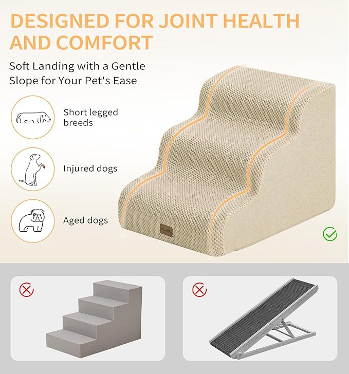 Made4Pets Dog Stairs Ramp for Small Dogs, 3-Step Dog Steps for Bed Couch Sofa and Chair, 35D Foam Pet Steps for Small Dogs and Cats, Non-Slip Bottom Pet Stairs, Beige