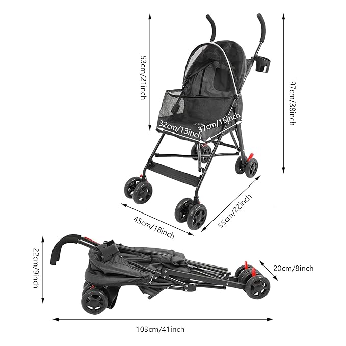 Pet Stroller, Foldable Pet Stroller with Weather Cover, Dog Cat Strolling Cart with 360° Wheels & Brakes for Small and Medium-Sized Dogs or Cats (Black)