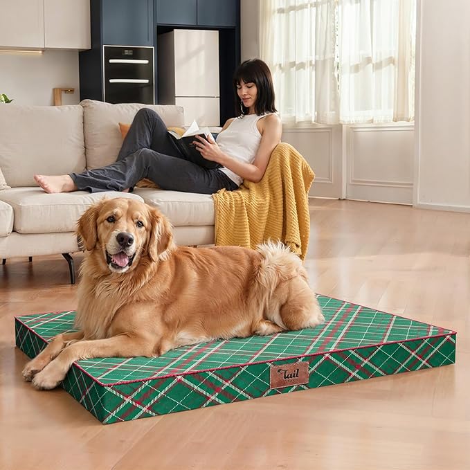 Outdoor Extra Large Dog Bed, Waterproof Dog Bed for Large Dogs, Egg Crate Foam XL Pet Bed with Removable Washable Oxford Cooling Cover, Plaid