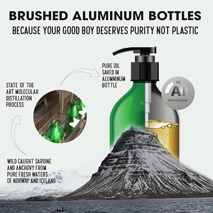 Sardine Anchovy Oil | 1296mg Omega | Unscented Pharmaceutical Grade | For Dogs & Cats | BPA-Free Brushed Aluminum Epoxy Coated Bottle with Pump 33 OZ