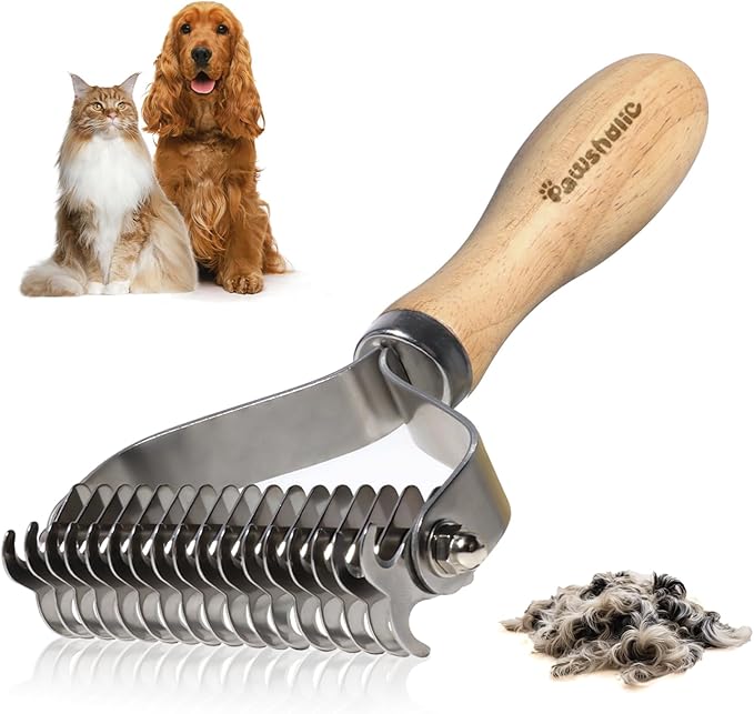 Undercoat Rake for Dogs - Professional Pet Shedding Dematting Comb with Wood Handle, Stainless Steel Blades for Pet Cats Dogs Matted Hair Tangles Removing