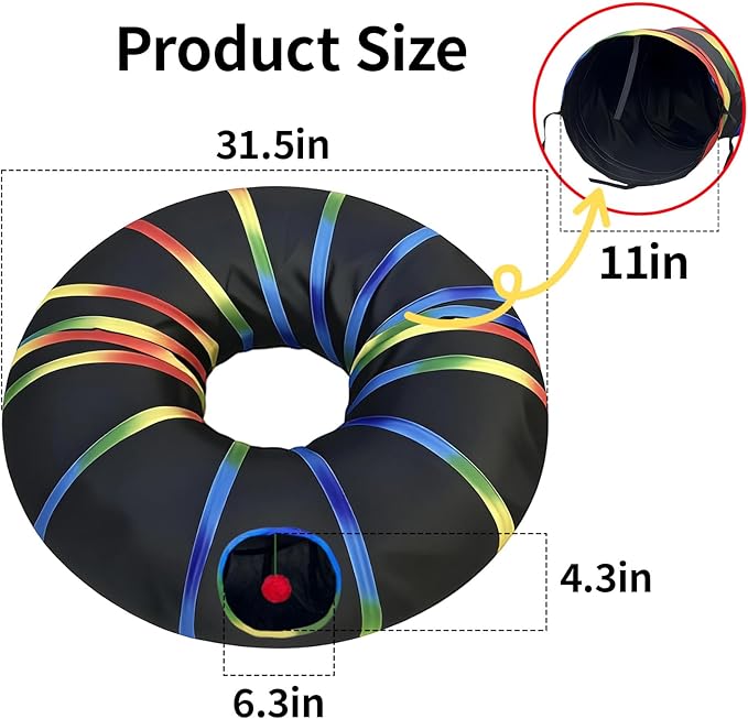 LUCKITTY Cat Tunnel Toy with Plush Ball & Cat Wand Feather Toys-Portable Tattaff Waterproof Washable-Interesting Pattern Collapsible Black Rainbow