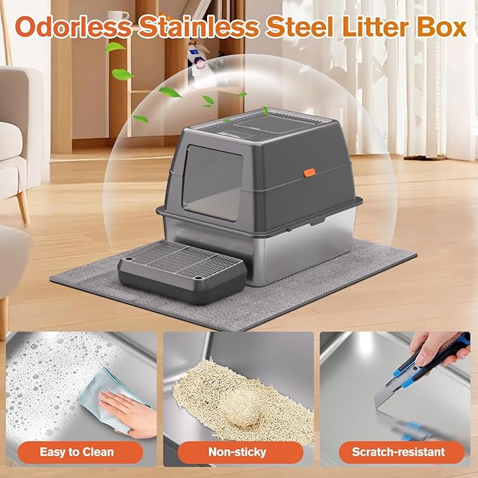 XXXL Stainless Steel Litter Box with Lid, Extra Large 28" Lx20 Dx18.1 H Litter Box for Big Cats, Enclosed Jumbo Metal Litter Boxes with Removable Cover & Footboard, Anti-Leakage,Odorless