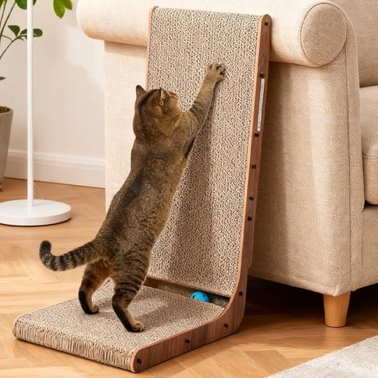 Cat Scratcher with Cat Toys Ball Track, Build-in Ball, L-Shaped Scratcher, Cardboard Lounge Bed, Stable and Durable, Furniture Protector, Reversible