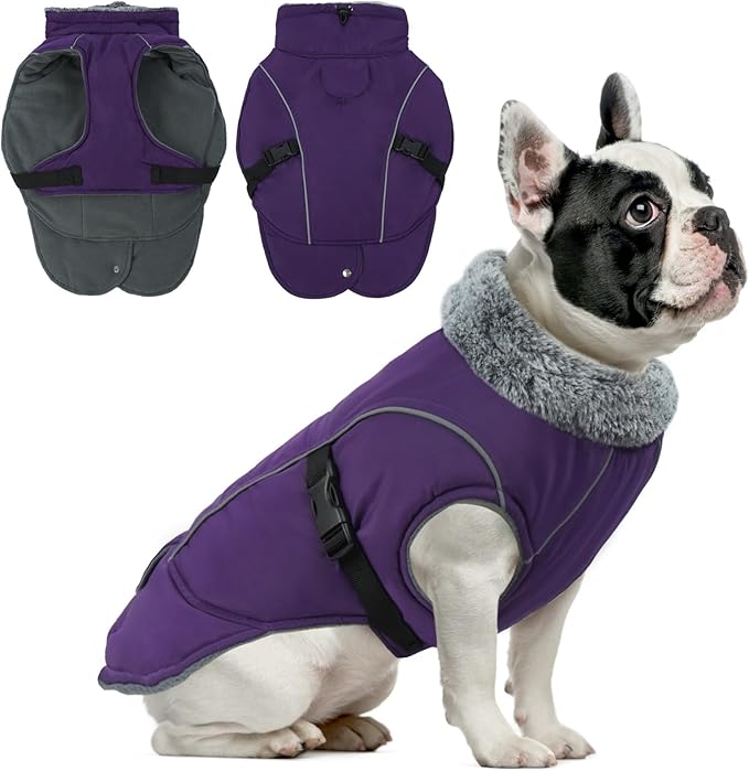 DENTRUN Small Dog Winter Warm Coat - Windproof Cozy Jacket, Thick Fleece Vest with Adjustable Belt, Water Repellent, Reflective Dog Sweater for Yorkie Dachshund Wear, Purple, S