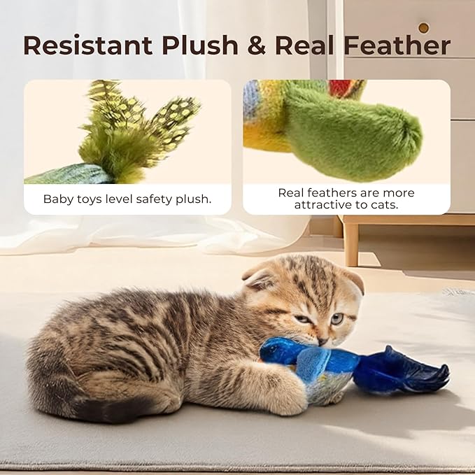 2-pack catnip cat toys that stimulate indoor cats' natural hunting instincts,Interactive plush bird toy with realistic chirping sounds to tease your cat (Green artificial bird + blue artificial bird)